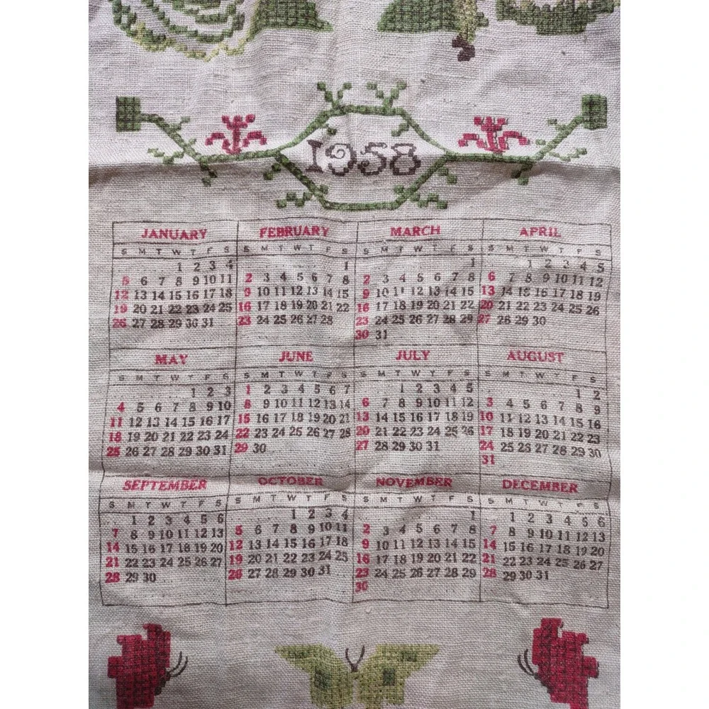 Vintage 1958 Stevens Linen Original Calendar Towel Colonial Garden Tea Towel